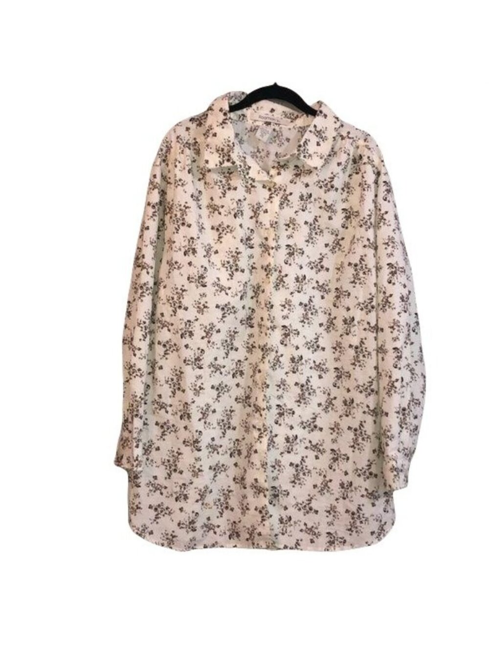 Roamans Womens Floral Button-Down Shirt 1X Long-Sleeve White/Brown